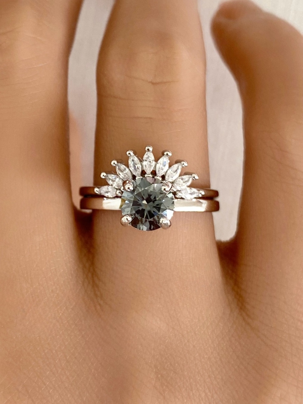 Round Gray Moissanite Diamond 2pc Marquise CZ Sterling Silver Band Ring Set